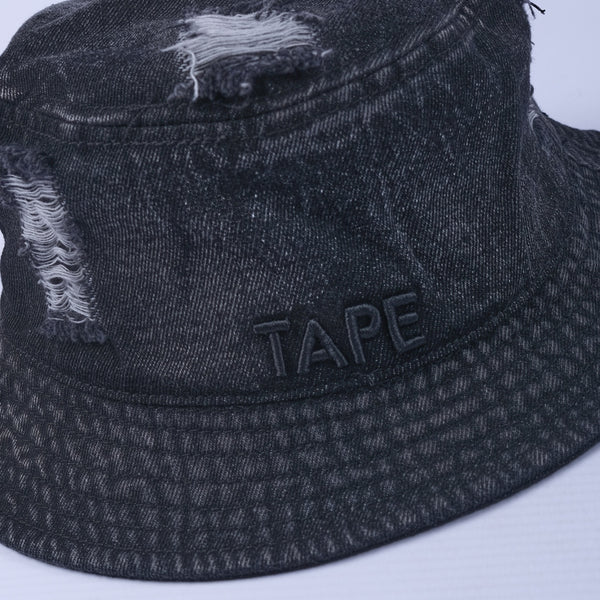Cassette Ripped Denim Bucket Hat (Black)